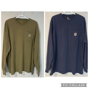 Carhartt Lot of 2 Mens Long Sleeve Pocket T-Shirts Navy Olive Green Large READ
